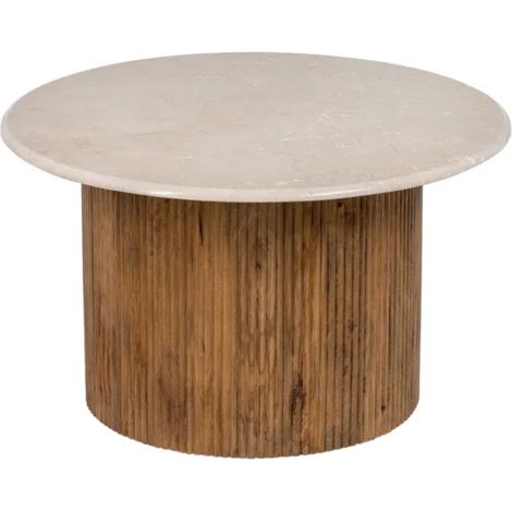 Table basse ronde 76 cm marbre crème et bois rainuré naturel MISITRA (1/5)
