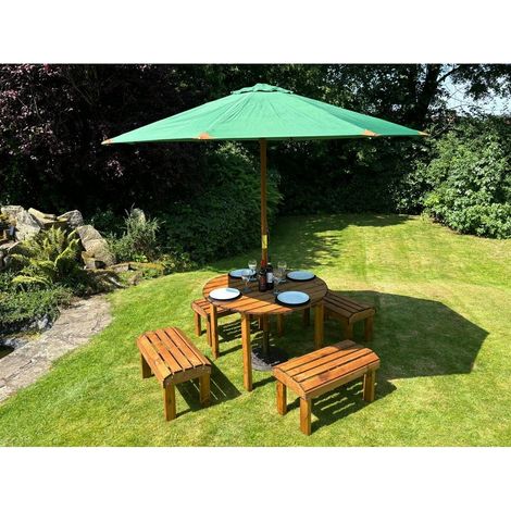 Knights Four Seater Garden Furniture Round Table Set - L230 x W230 x H80 cm - Green Parasol Included - Fully Assembled