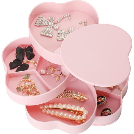 Boîte à bijoux pour filles, avec miroir, boîte de rangement à quatre niveaux pour bagues, boucles d'oreilles, colliers, cadeaux d'anniversaire, ronde, 12x12 cm. (1/5)
