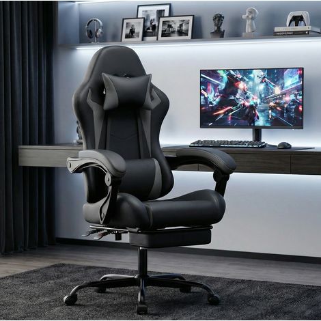 Chaise gaming noir et gris en PVC avec repose-pieds, appui-tete et soutien lombaire (1/4)