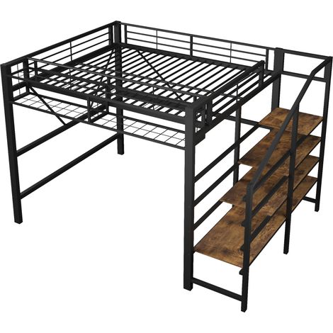 Letto a soppalco in metallo 140x200 cm nero con scaffale a scala, cesto e striscia LED (1/5)