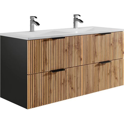 Meuble de salle de bain suspendu strié avec vasque à encastrer - Naturel clair et noir - 120 cm - MADELA (1/5)