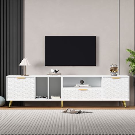 Meuble TV vertical moderne et luxueux avec un motif alvéolé mat et de multiples espaces de rangement pour téléviseurs jusqu'à 80 pouces. Meuble TV pour salon, 180 x 40 x 41 cm (blanc). (1/5)