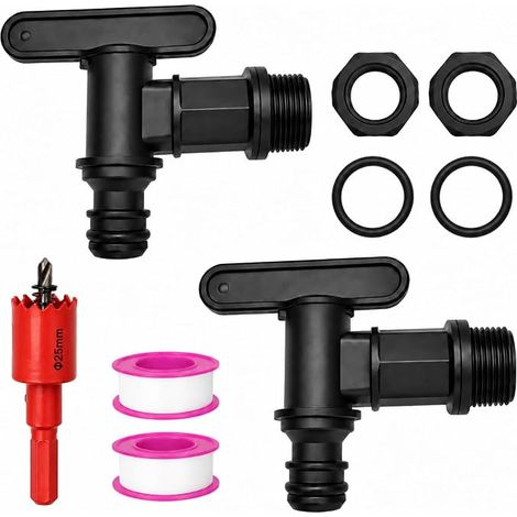 Lot de 2 Robinet Cuve Plastique, 3/4 Pouce Robinet pour Récupérateur Eau de Pluie avec Joint Étanche et Ruban Téflon, Sortie d’Eau pour Tonneau, Bidon et Baril de Jardin (1/5)