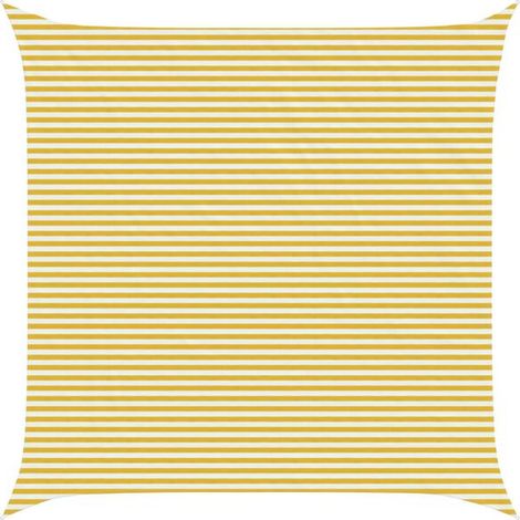 Voile d'ombrage à rayures jaunes et blanches, 7 x 7 mètres, en polyéthylène haute densité. (1/5)