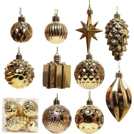 Set mit 10 Weihnachtskugeln – Klassischer Weihnachtsbaumschmuck – Gold – Crezuo
