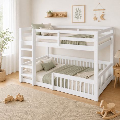 Cama litera 205x165x135 cm, con barandillas, para dormitorio y habitación infantil, MDF y pino, blanca (1/5)