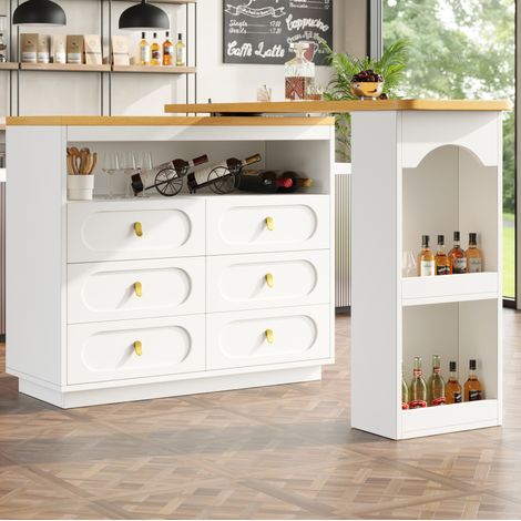 MEUBLIV Table bar blanc 137-203 cm – pivotante 360° avec 6 tiroirs et rangement (1/5)
