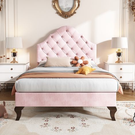 Lit rembourré une place – Tête de lit réglable en hauteur – Sommier à lattes en bois – Convient pour jeune – Montage facile – 90 × 200 cm – Revêtement velours – Rose (1/5)