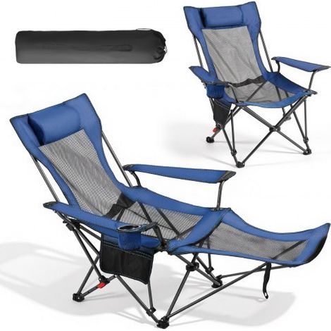 Silla de Camping Plegable, 4 Posiciones Ajustables, Silla Reclinable y Portátil con Reposapiés y Reposacabezas, Tejido de Malla, Capacidad de Carga de 100 kg, para Playa y Patio, Azul (1/5)