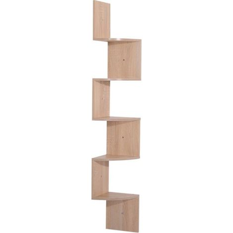 Etagère d'angle en panneaux de particules E1 – 5 niveaux de rangement – Charge maximale 15 kg – Dimensions 20L x 20l x 126H cm – Coloris chêne clair – MH