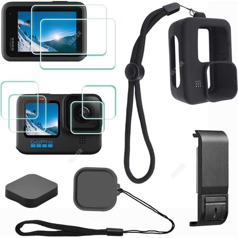 Accesorios para GoPro Hero 12/11 10 9 Hero12 Hero11 Hero10 Hero9 Protector de pantalla de lente + Tapa de batería + Funda de goma + Cordón + Tapa de lente + Estuche protector