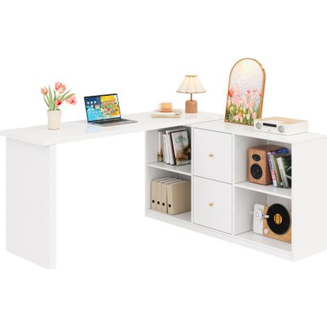 Bureau d'angle L 120x50x78/130x35 réversible 2 tiroirs rangements ouverts