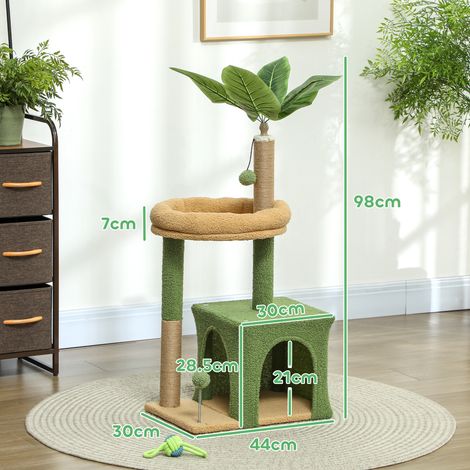 Arbre à chat (avec maison, lit et 2 balles), en bois et polyester, 44x30x98cm, vert et marron. (1/5)