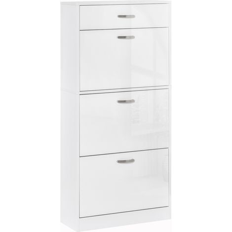 Schuhschrank – 3 Klapptüren und Schublade – Maße: 62 cm (B) x 24 cm (T) x 135 cm (H) – Aluminiumgriffe. Weiße Spanplatte.