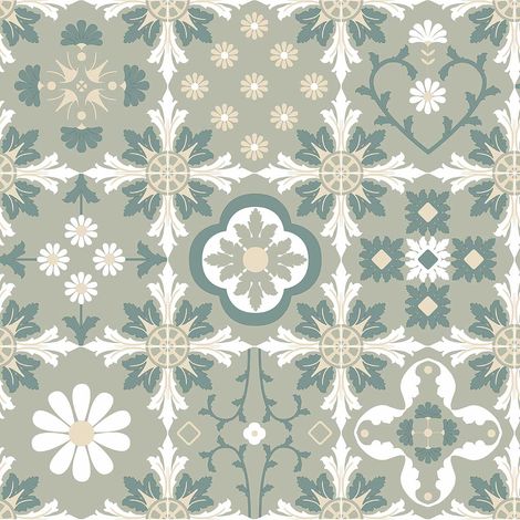Papier peint carreaux rétro floraux vert sauge et crème