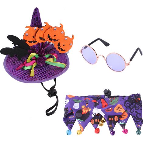 3 pièces Accessoire de déguisement pour chien et chat, chapeau citrouille magicien, bandana à clochettes, lunettes Halloween (1/5)