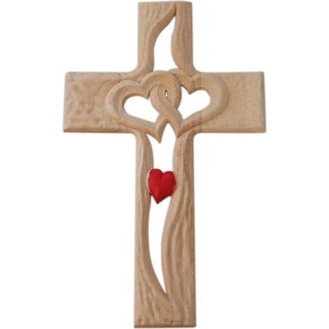 Décoration d'intérieur - Croix en bois double cœur - Sculpture artistique sur le thème de l'amour - Cadeau pour la Saint-Valentin (1/2)