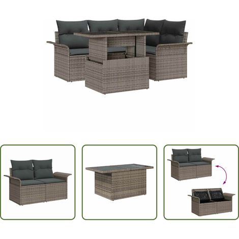 vidaXL Canapé en poly rattan - Ensemble de canapé de jardin avec coussin 5 pcs Gris Poly rotin (1/5)
