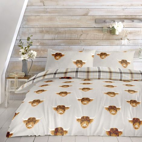 Housse de Couette 200 x 200 cm 2 taies d'oreiller Réversible Parure de lit Tartan crème Naturelle Housse de Couette en Flanelle Literie Vache de Ferme (1/4)