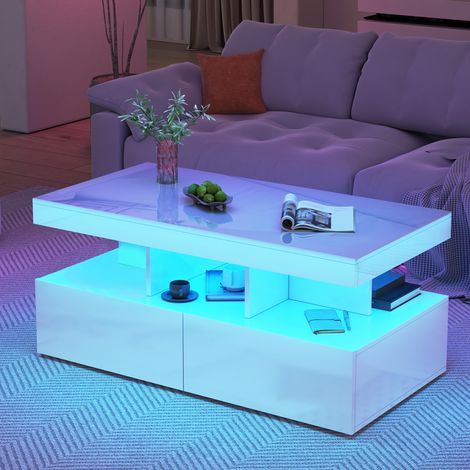 Table Basse Salon - Lumières LED 6000 Couleurs - 104x53x46 CM - Table Basse LED avec 2 Grand Tiroir de Rangement et Compartiment - Moderne Noir