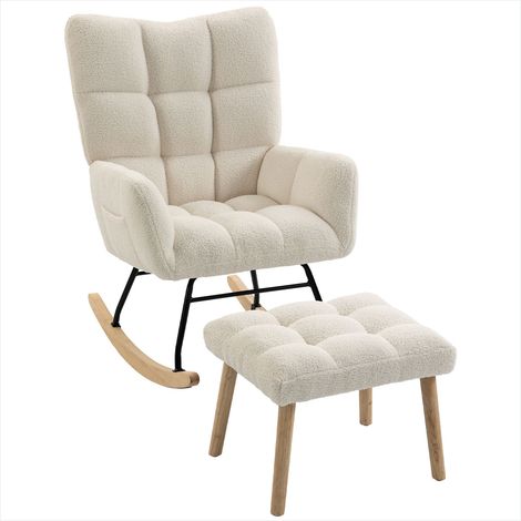 Chaise à bascule avec repose-pieds en tissu bouclette crème, structure métal et bois, assise rembourrée, dossier large (1/5)