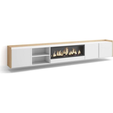 Mueble TV Viñuela-01 de 315x50x35 cm con chimenea eléctrica XXL, suspendido, color blanco y roble soft (1/4)