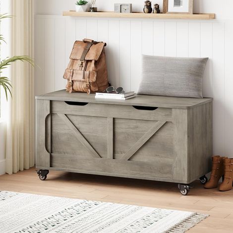 Banc coffre en bois gris mobile à roulettes avec charnières de sécurité, entrée et salon (1/5)