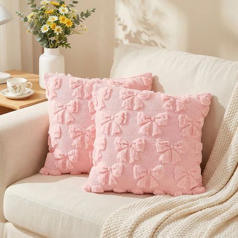2PCS Housse de Coussin avec nœud 45 x 45cm Romantique Arc Coussin Rose décoratif Style Aesthetic Printemps Peluche Douce avec Lien élégant Accessoire Textile pour canapé lit Salon Chambre (1/5)