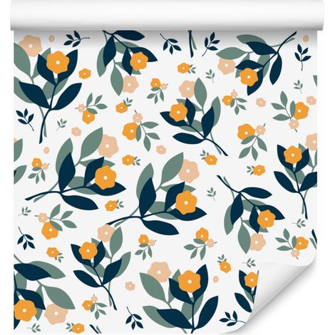 Carta da parati con fiori bianchi, grigio chiaro, turchesi e crema 50x1000 cm (1/5)