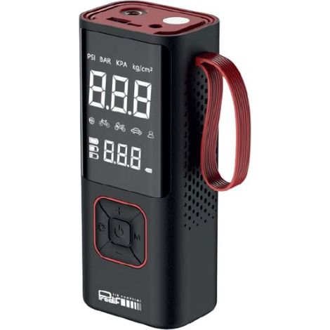 Prodif – Gonfleur sans fil 10 bar 12V – Pression max 10,3 bar – Charge USB – Accessoires inclus : 4 embouts, tuyau, sac