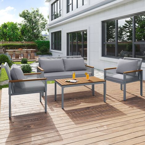 Garden furniture set 4-seater steel - sofa, 2 armchairs and coffee table - decorated with PE rattan and acacia wood - Grey