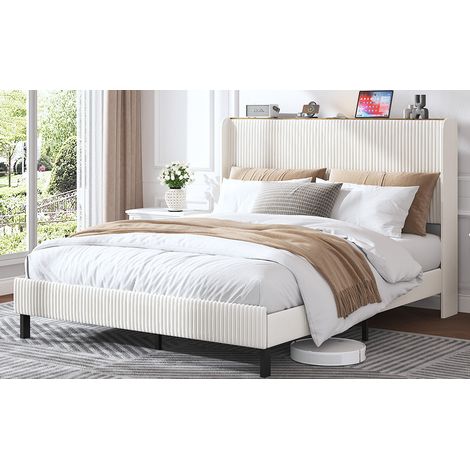 Cama tapizada de pana beige y crema 160x200 cm con cabecero acanalado y somier de láminas metálicas (1/5)