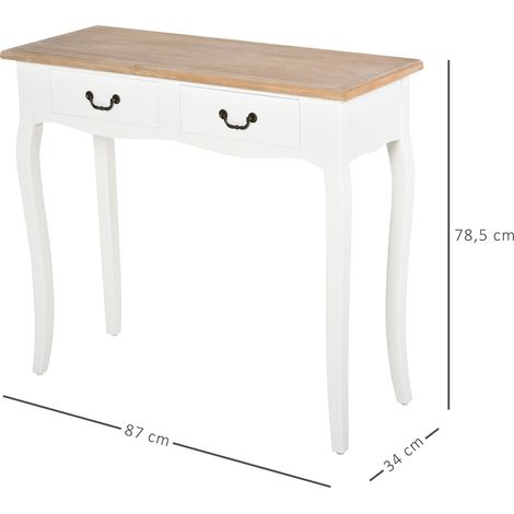 Konsolentisch mit 2 Schubladen, Retro-Design für Eingangsbereich, Wohnzimmer, Schlafzimmer, Kiefernholz, 87 x 34 x 78,5 cm, Weiß