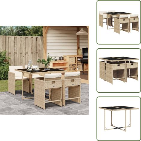The Living Store Ensemble à manger de jardin avec coussins 5pcs Beige poly rotin - Salon De Jardin - Meuble De Jardin - Set De Jardin - Table De Jardin - Chaises De Jardin