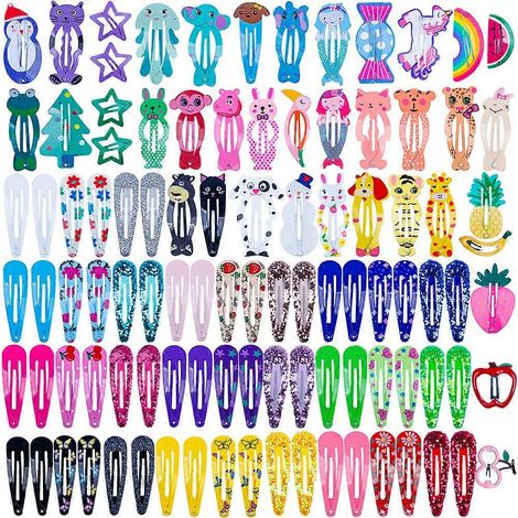 Lot de 100 pinces à cheveux pour enfants, avec motifs animaux mignons, gouttes d'eau, frange, couronne et cœur.