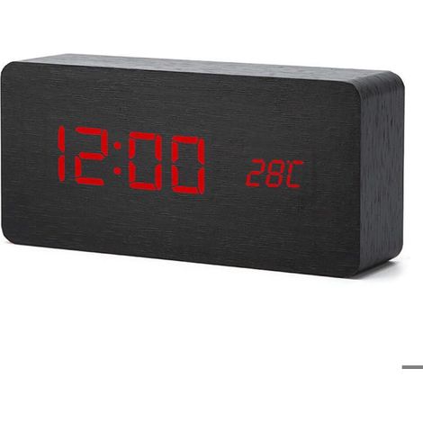 Réveil numérique bois LED noir rouge AUCUNE, affichage heure date température, contrôle vocal, design moderne portable (1/5)