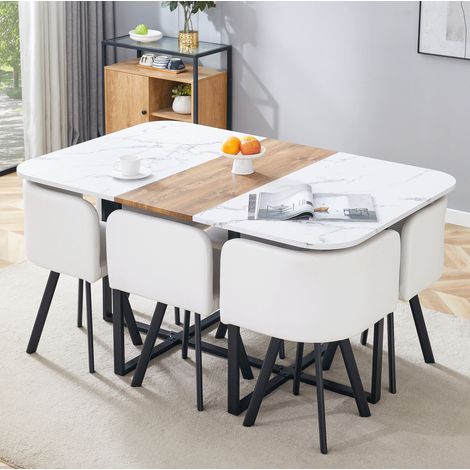 Ausziehbares Tisch- und Stuhlset für 4 bis 6 Personen, MDF und Metall, weiß/schwarz HAVRYA (1/5)