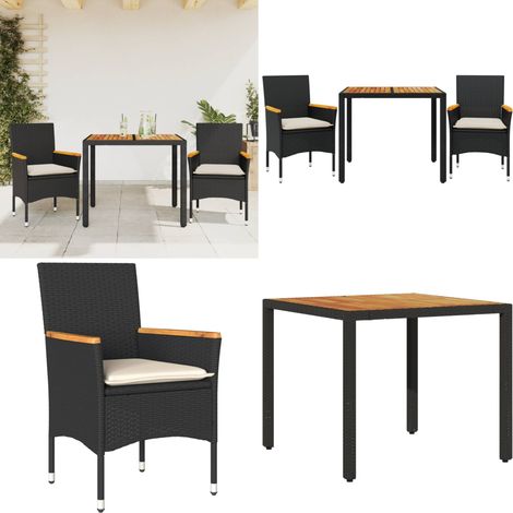 Ensemble à manger de jardin et coussins 3 pcs noir rotin acacia - Meubles De Jardin - Salon De Jardin - Set De Jardin - Mobilier Extérieur - Table De Jardin - Home & Living (1/5)