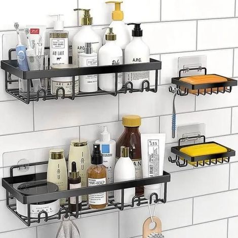 KLVGTIFS PU - Étagere Salle de Bain - Accessoire Antirouille avec Crochets - Noir (1/4)