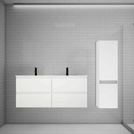 Aica Ensemble meuble double vasque L.120cm blanc 4 tiroirs + lavabo + colonne easy