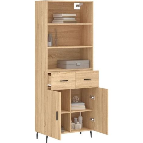 Buffet de rangement haut style chêne sonoma, 69,5 x 34 x 180 cm, meuble de cuisine en bois d'ingénierie avec étagères (1/5)