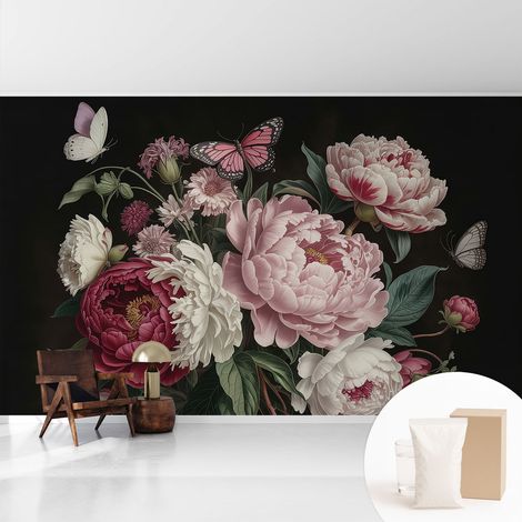 Papier peint intissé pour salon chambre à coucher peint imprimé pour mur - Colle incluse gratuite Pivoines et papillons 416x254 cm (1/5)