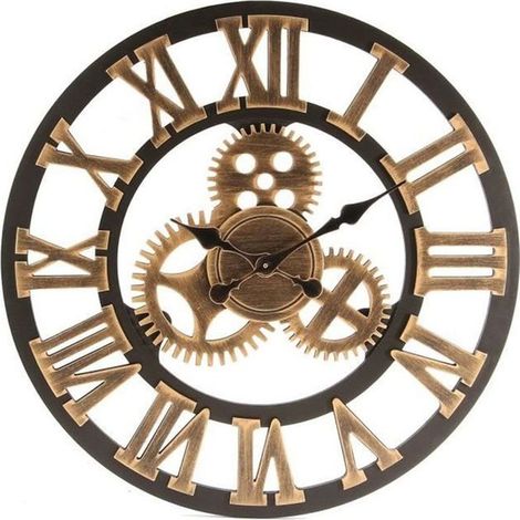 HORLOGE - PENDULE Horloge Murale 3D Vintage Gear Grand - Bois - Décor or - 60 cm