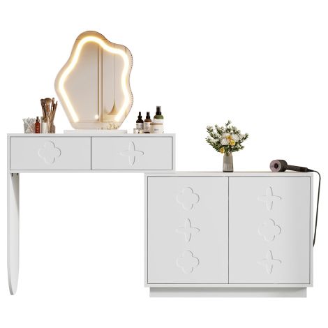 Coiffeuse LED 160cm 2 tiroirs rangement 4 compartiments blanche moderne