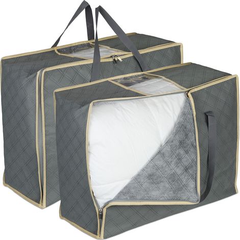 Relaxdays Sac de rangement pour couettes, 2 pièces, zip 3 côtés, respirant, non-tissé, housse sous lit, gris