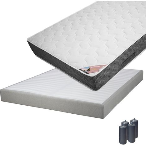 BERMUDES - Pack Matelas 140x190 + Sommier Tapissier Démontable 2x20 Lattes Lin + Pieds Anthracites 15cm (1/5)