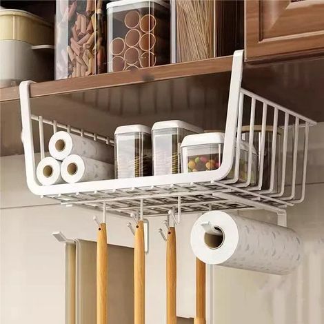 Porte-papier blanc, panier de rangement de cuisine, aucun perçage requis, aucune vis requise, porte-ustensiles de cuisine (en fil métallique) (1/2)