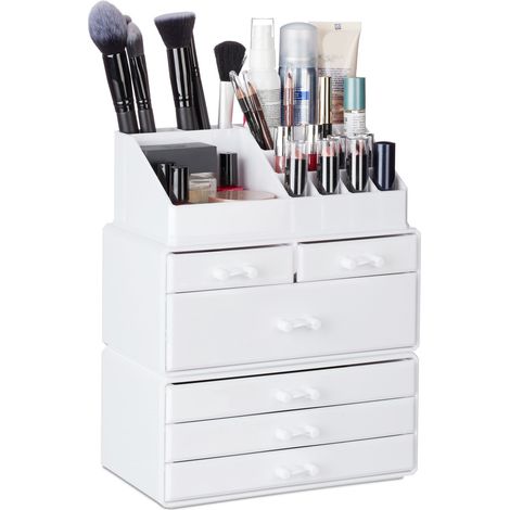 2 Organizadores de Maquillaje con 6 Cajones, 22 Compartimentos Cada Uno, Acrílico, 29 x 23.5 x 14 cm, Blanco