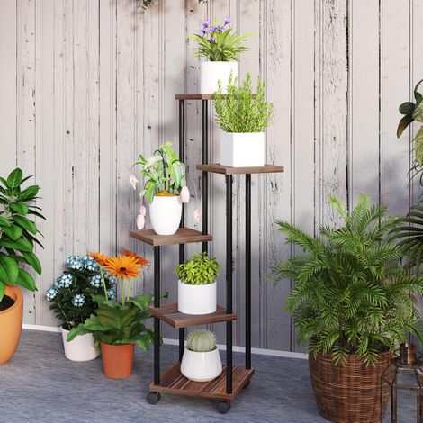 Soporte para macetas de 5 niveles con ruedas, estructura de acero y madera, 110 cm, negro (1/5)